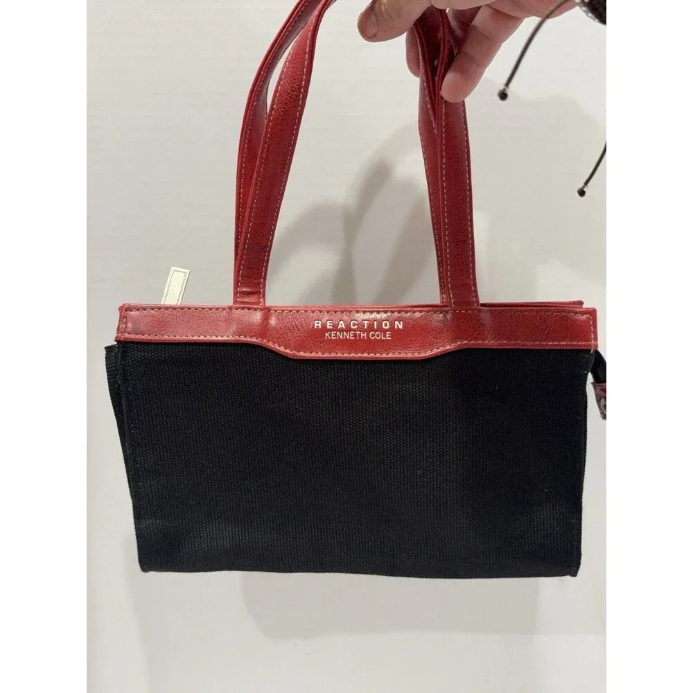Kenneth Cole Reaction Black Canvas Red Leather Mini Tote Shoulder Bag Zip Top